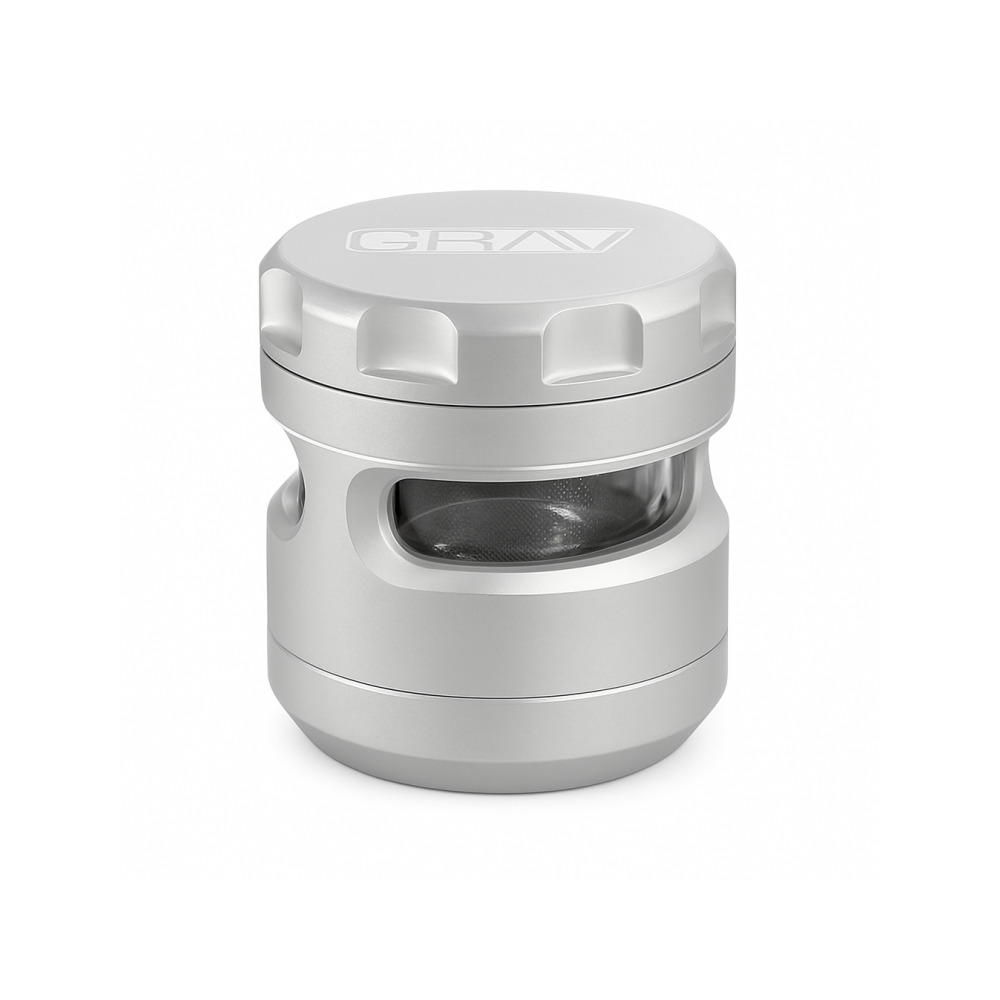 Silver Grav Labs 4 piece herb grinder with polycarbonate windows on white background