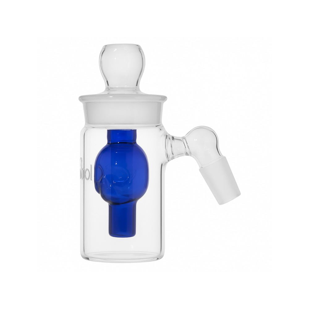 Close-up of removable skull percolator detail on blue glass ash catcher