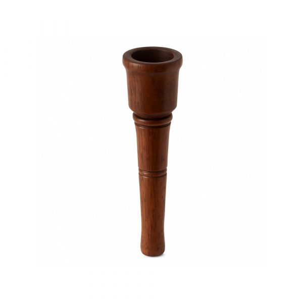 Close-up of the curved chamber and natural wood grain on the small wooden smoking pipe