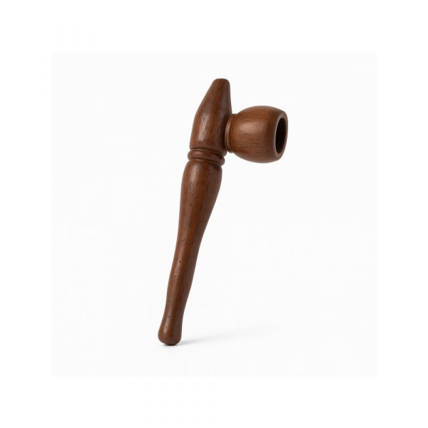 Small wooden smoking pipe for herb and tobacco shown from above on a plain background