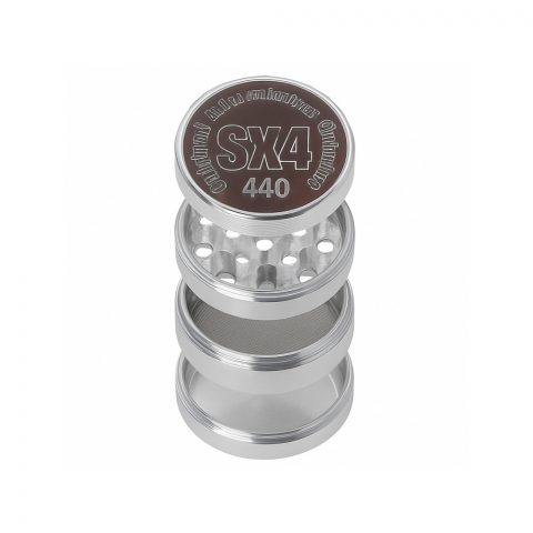 SX4 44mm 4 part aluminium dry herb grinder shown fully assembled in silver