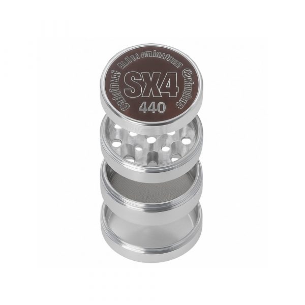 SX4 44mm 4 part aluminium dry herb grinder shown fully assembled in silver