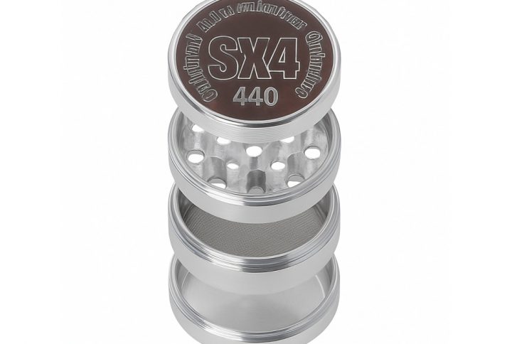 SX4 44mm 4 part aluminium dry herb grinder shown fully assembled in silver