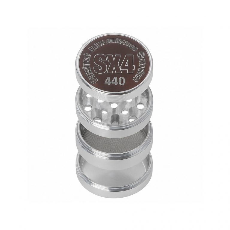 SX4 44mm 4 part aluminium dry herb grinder shown fully assembled in silver