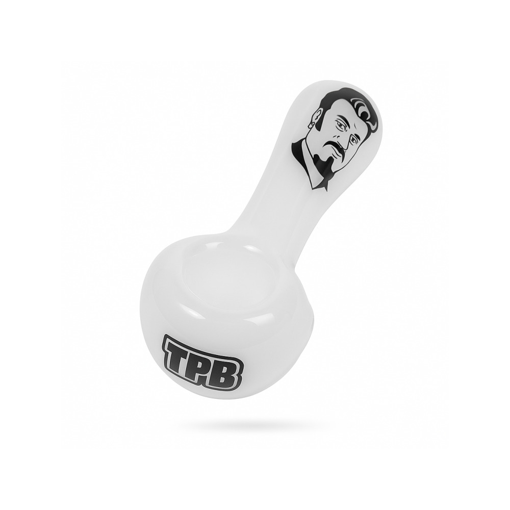 Close-up of Trailer Park Boys decal on the bowl of the clear glass spoon pipe