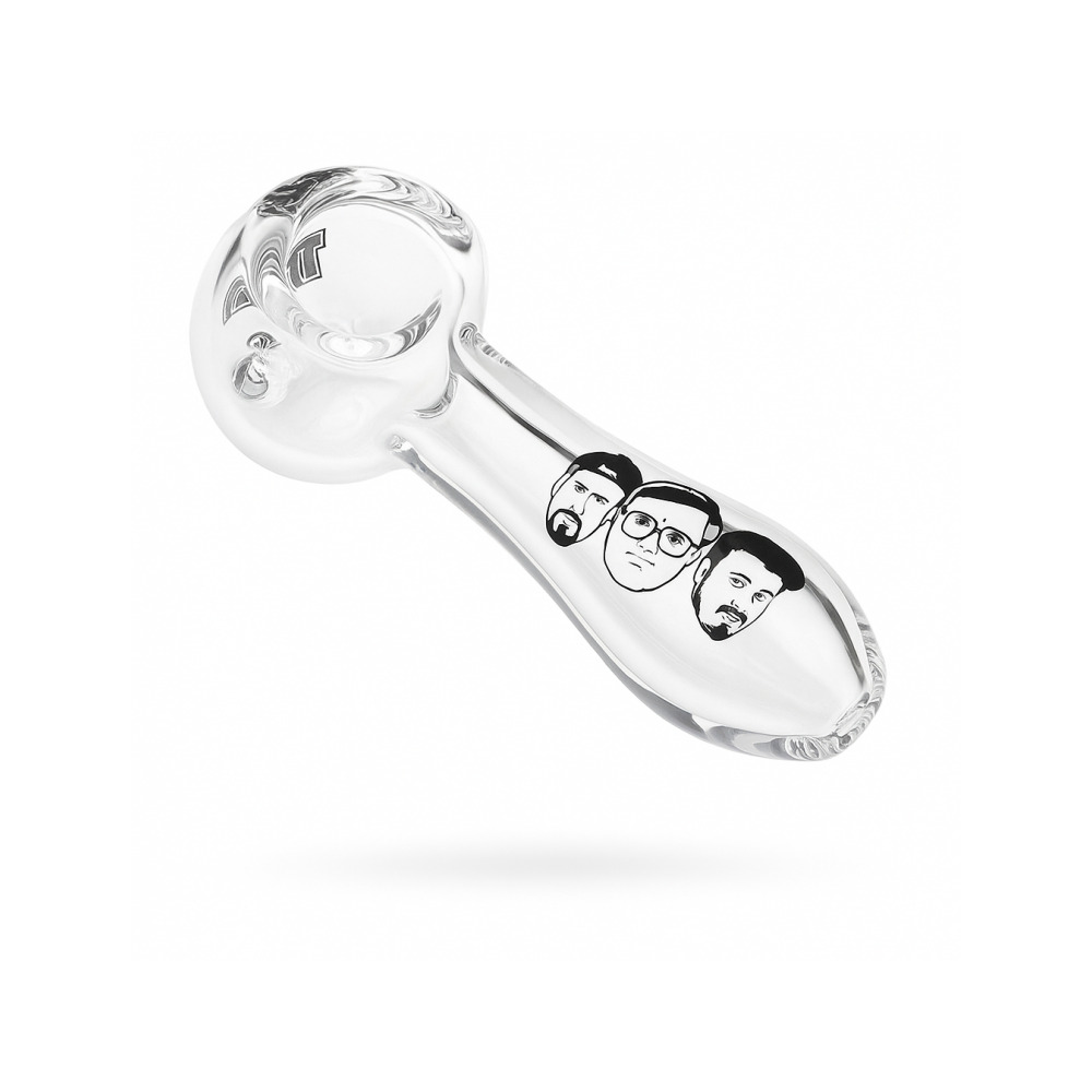 Three colour options of the Trailer Park Boys spoon pipe – clear, white and green