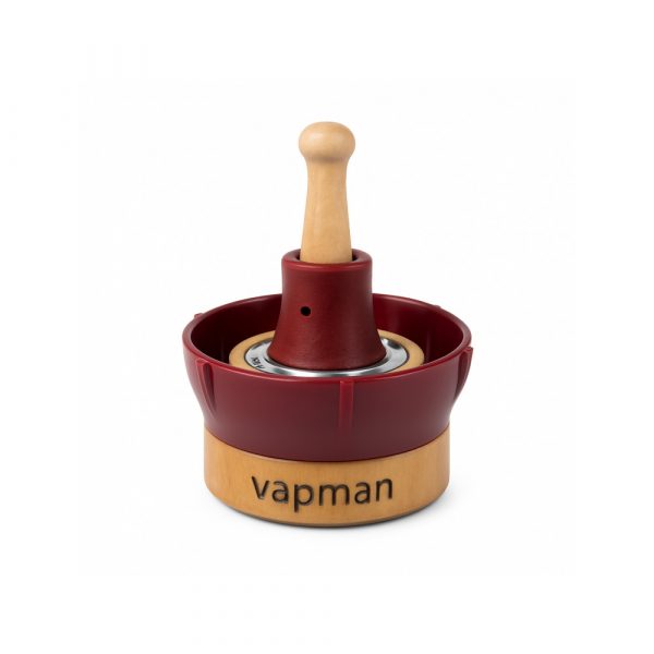 Vapman Classic RedBordeaux portable vaporizer showing the two-piece Swiss handcrafted wooden body