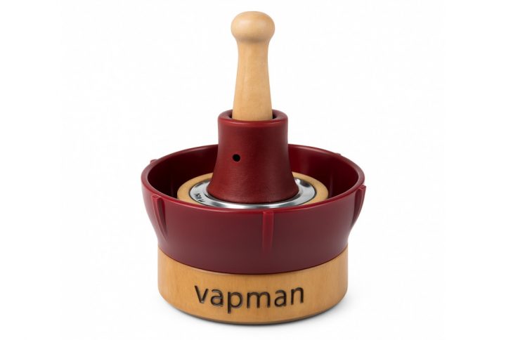 Vapman Classic RedBordeaux portable vaporizer showing the two-piece Swiss handcrafted wooden body