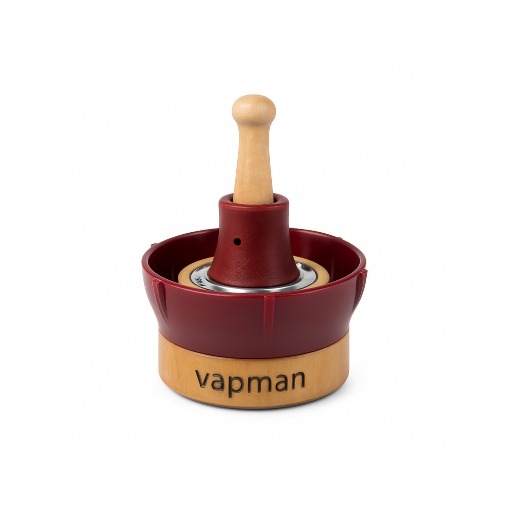 Vapman Classic RedBordeaux portable vaporizer showing the two-piece Swiss handcrafted wooden body