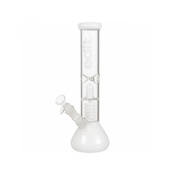 Close-up of the twin spiral coil percolator on the Edit Collection white beaker bong