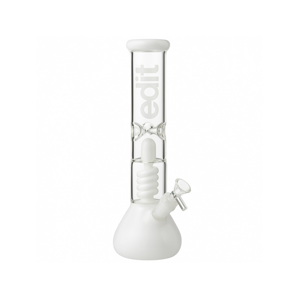 18.8mm female ground joint and removable diffuser downstem detail on the white spiral bong