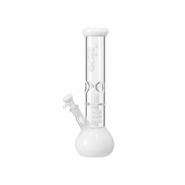 White 35cm twin spiral coil beaker bong full height view showing beaker base and white spiral percolator