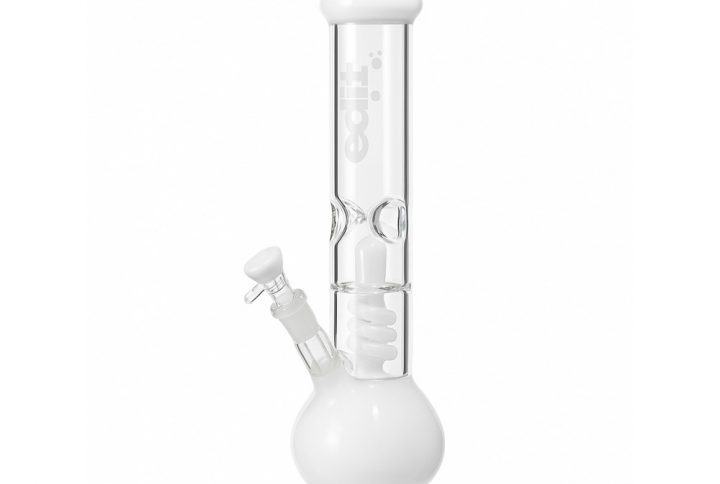 White 35cm twin spiral coil beaker bong full height view showing beaker base and white spiral percolator