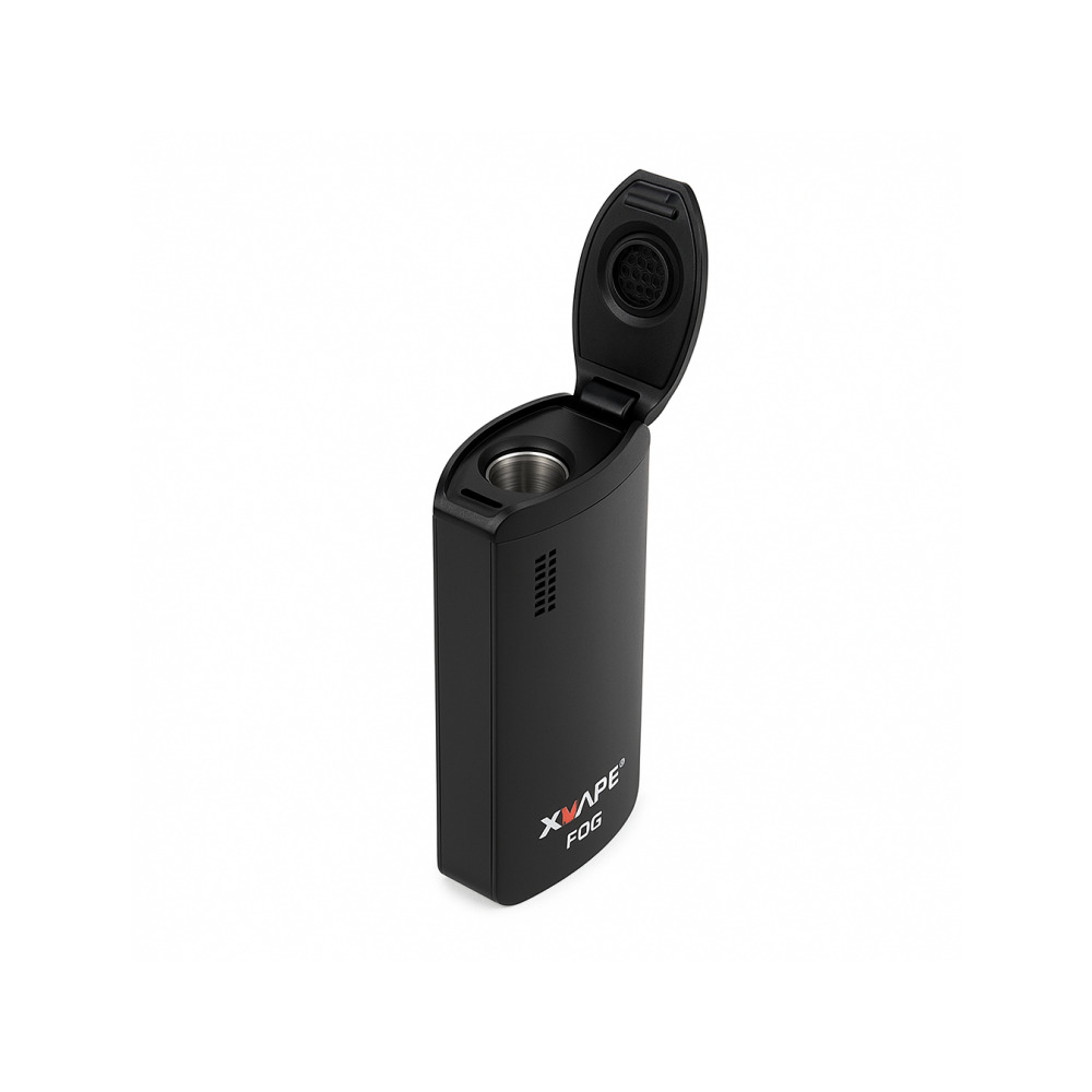 Xvape Fog portable convection vaporizer held in palm showing compact size