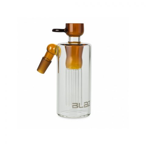Blaze Glass cylinder pre-cooler with 6-arm tree perc in amber glass on white background