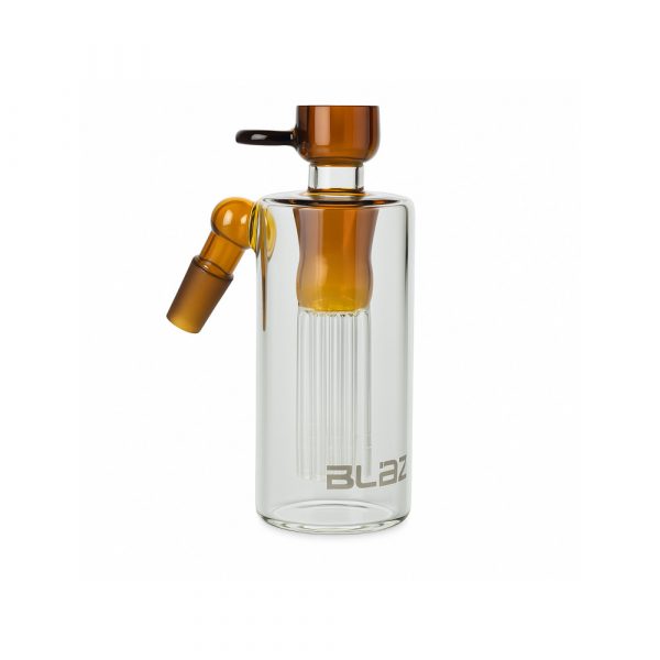 Blaze Glass cylinder pre-cooler with 6-arm tree perc in amber glass on white background